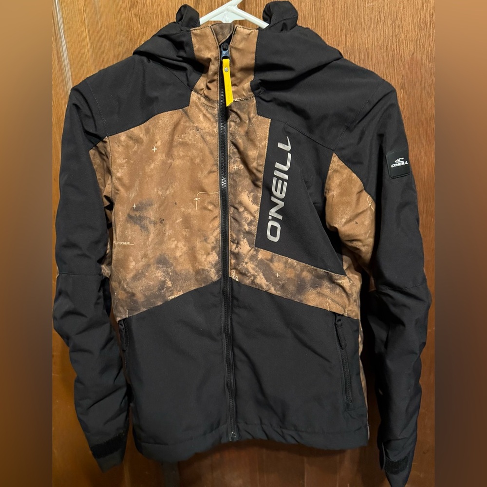 O'Neill Boys Black Tan Brown hooded adjustable snowboarding skiing Jacket sz 10